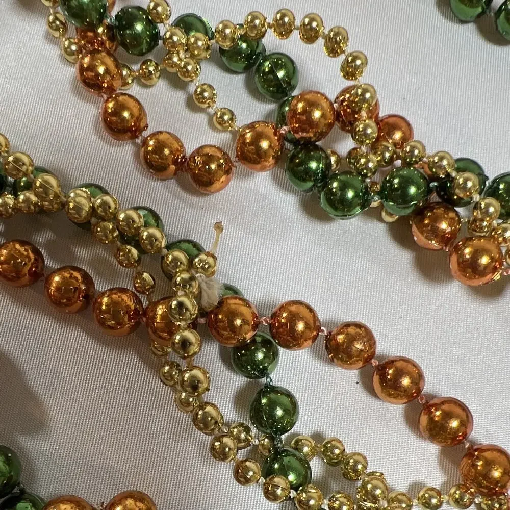 Vintage Faux Plastic Beaded Garland Green Gold Orange Holiday Strand Almost 9 ft